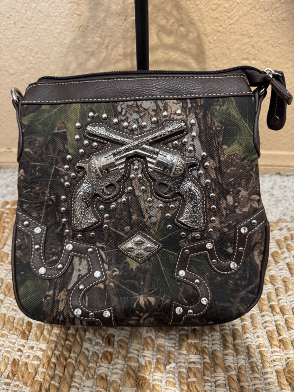 Brown Camo Crossbody Messenger Bag with Revolver Accent